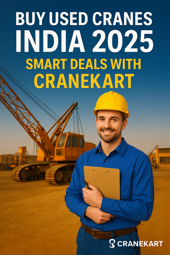 "Used mobile crane for sale at a construction site promoting big savings from CraneKart in 2025"
