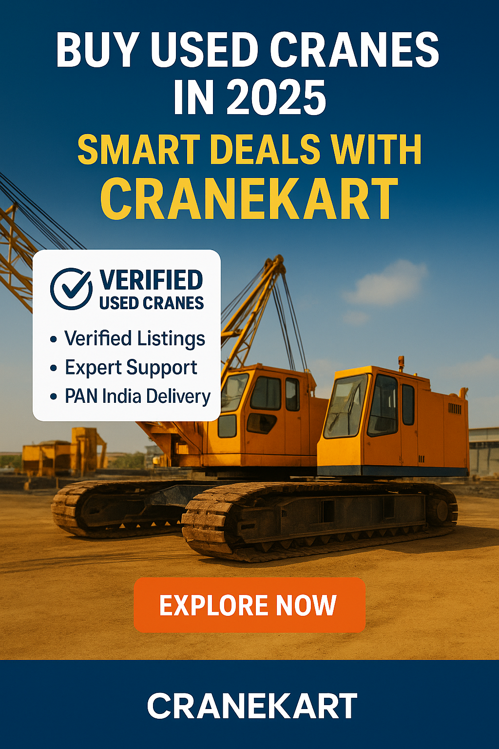 "Used mobile crane for sale at a construction site promoting big savings from CraneKart in 2025"