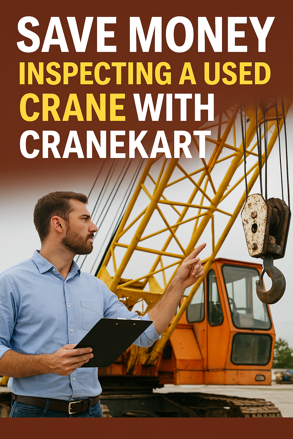 Engineer inspecting a used crane with a checklist at a construction site